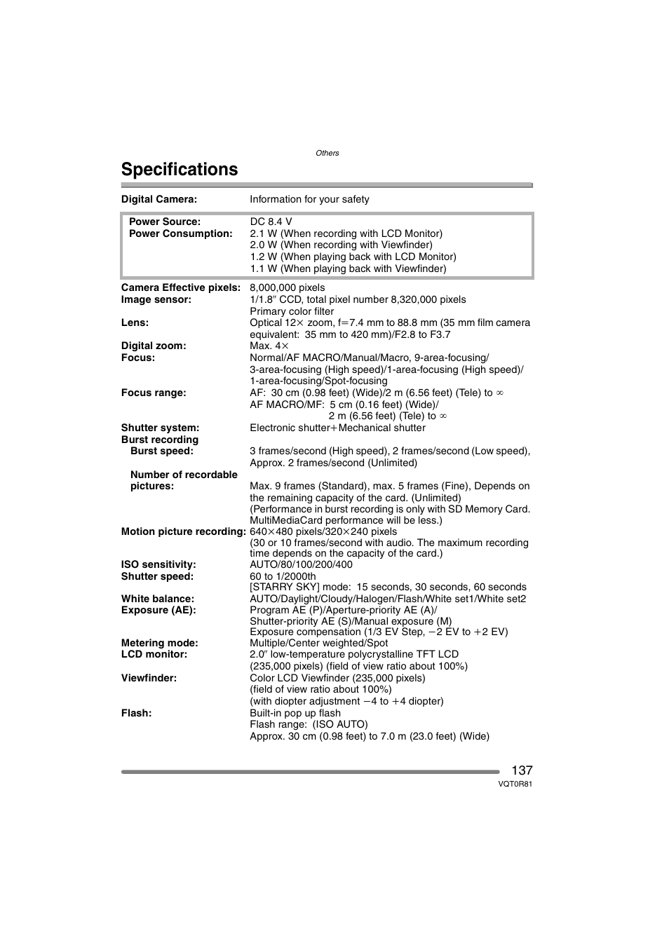 Specifications | Panasonic DMC-FZ30PP User Manual | Page 137 / 148