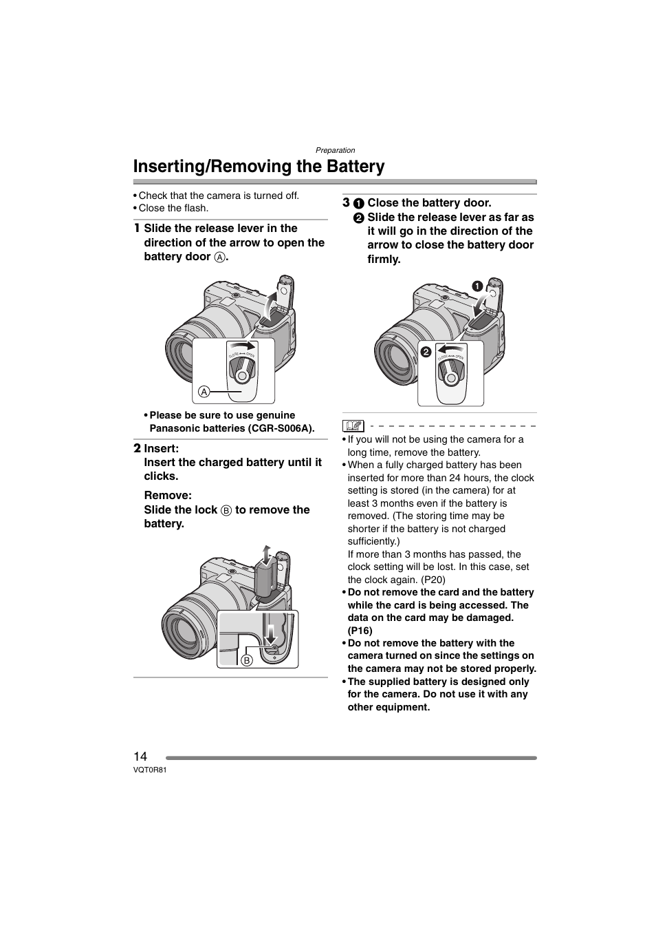 Inserting/removing the battery | Panasonic DMC-FZ30PP User Manual | Page 14 / 148