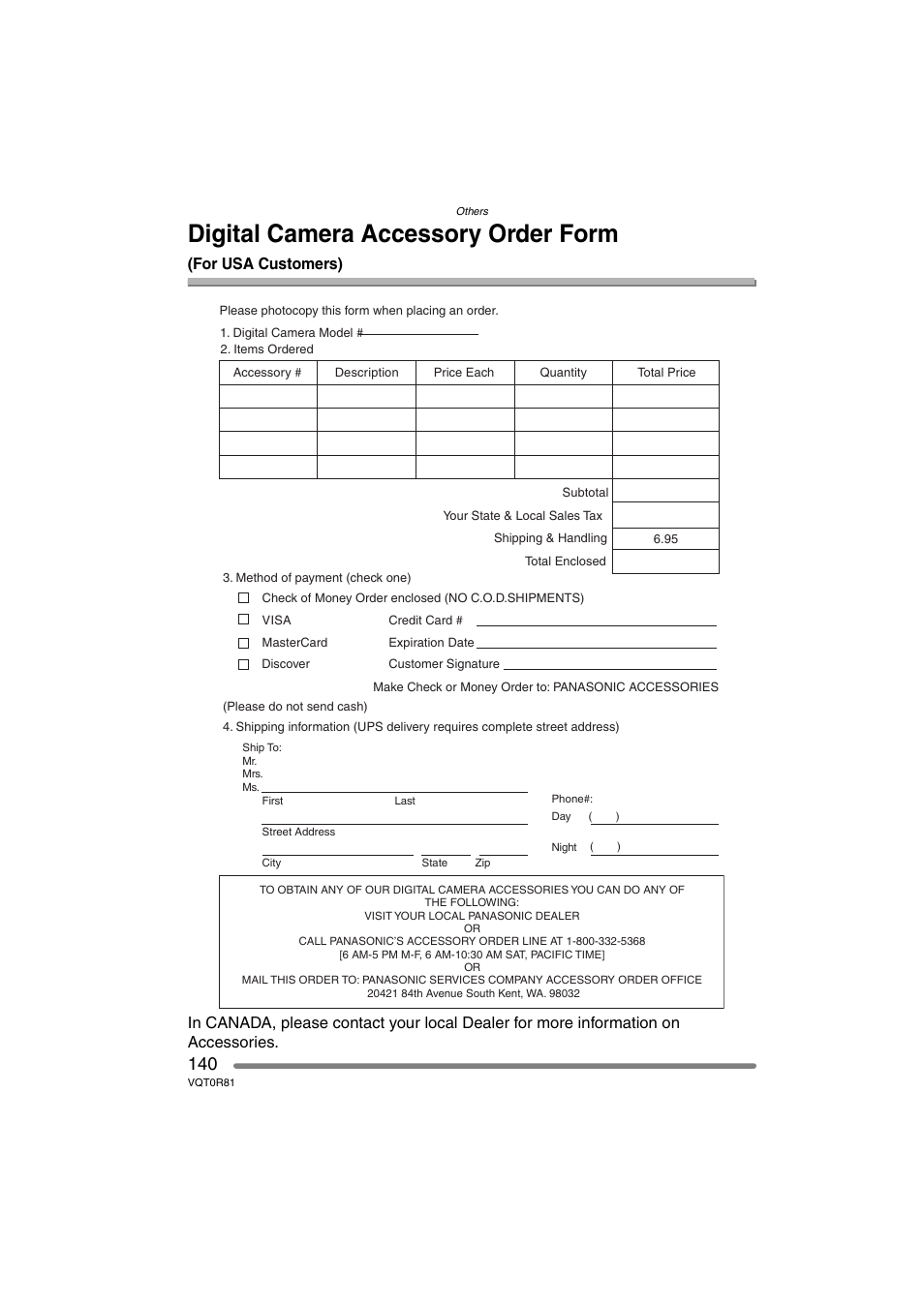 Digital camera accessory order form | Panasonic DMC-FZ30PP User Manual | Page 140 / 148