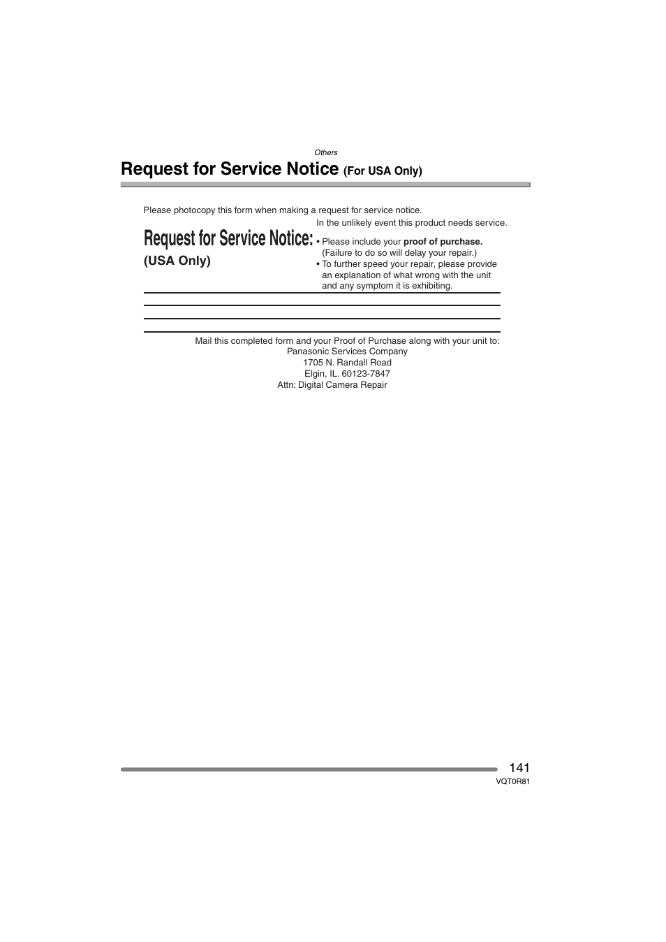 Request service notice (for usa only), Request for service notice | Panasonic DMC-FZ30PP User Manual | Page 141 / 148