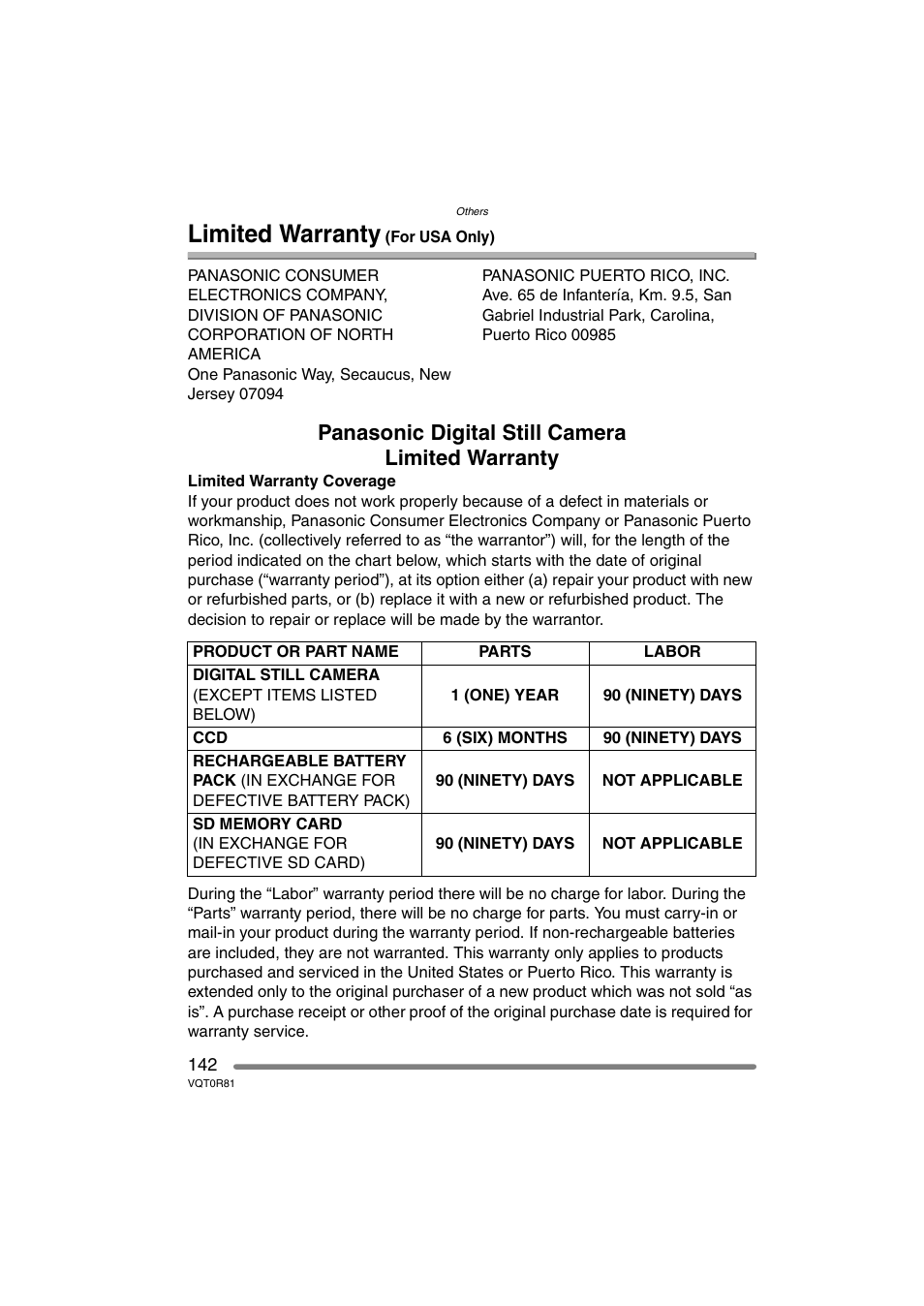 Limited warranty (for usa only), Limited warranty, Panasonic digital still camera limited warranty | Panasonic DMC-FZ30PP User Manual | Page 142 / 148