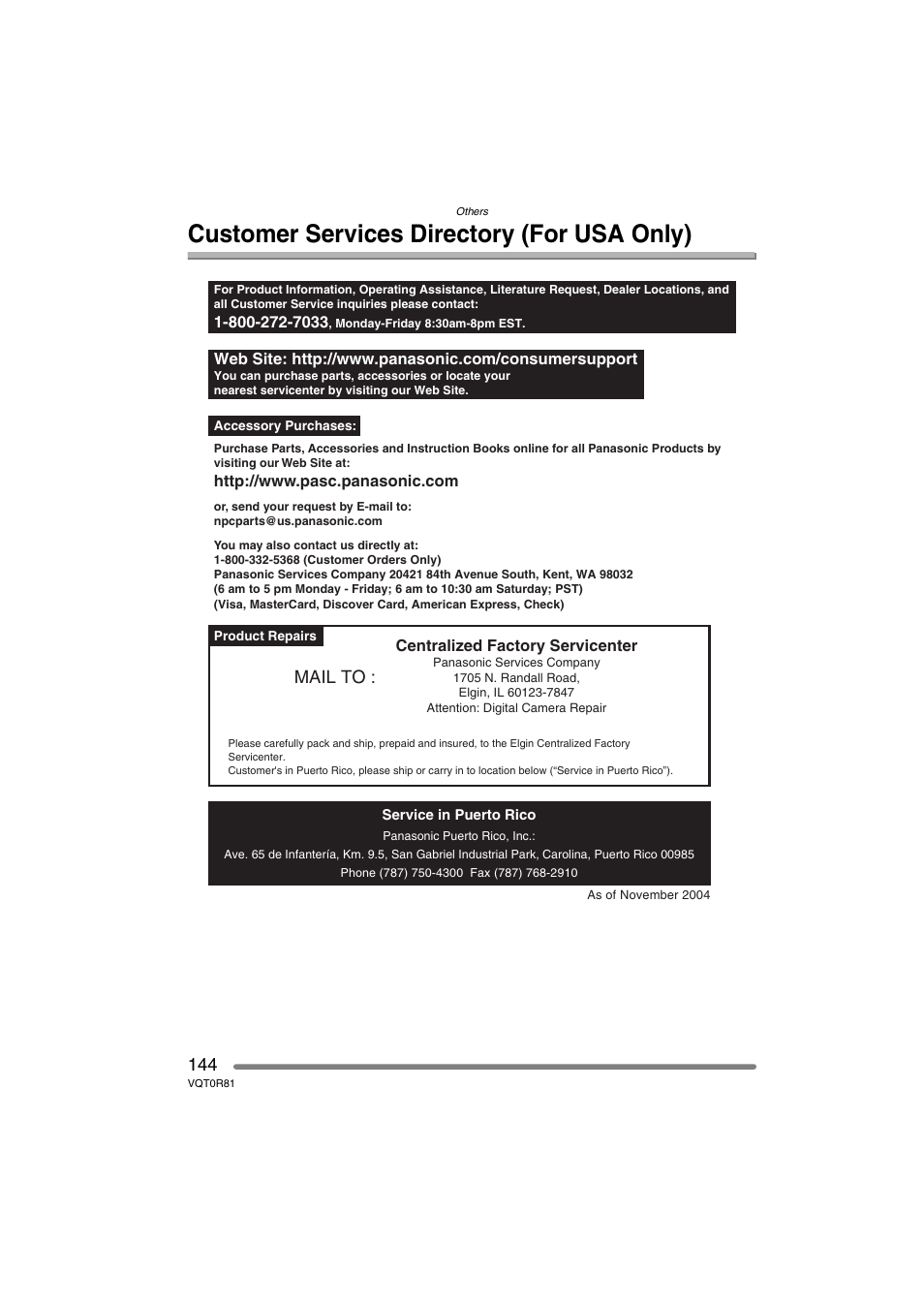 Customer services direcory (for usa only), Customer services directory (for usa only), Mail to | Panasonic DMC-FZ30PP User Manual | Page 144 / 148