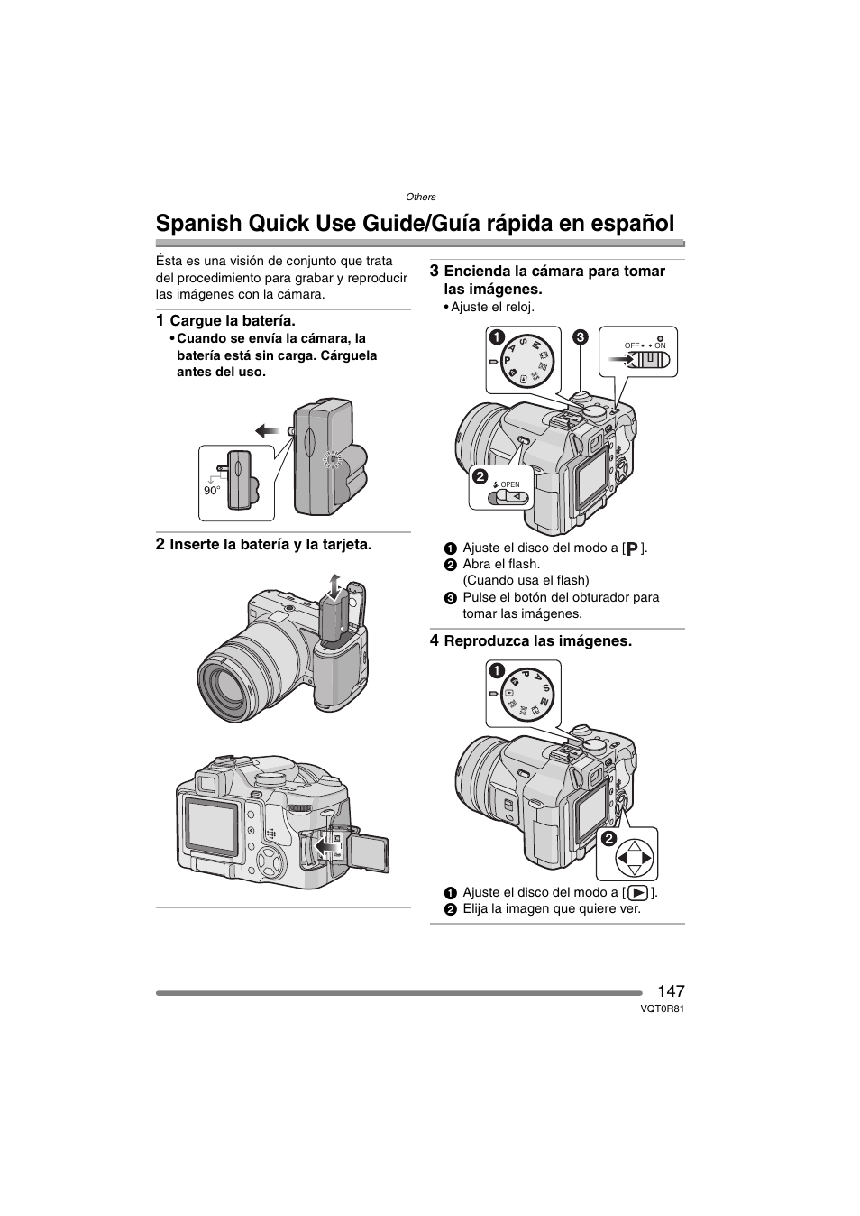 Spanish quick use guide/guia rapida en espanol, Spanish quick use guide/guía rápida en español, Cargue la batería | Inserte la batería y la tarjeta, Encienda la cámara para tomar las imágenes, Reproduzca las imágenes | Panasonic DMC-FZ30PP User Manual | Page 147 / 148