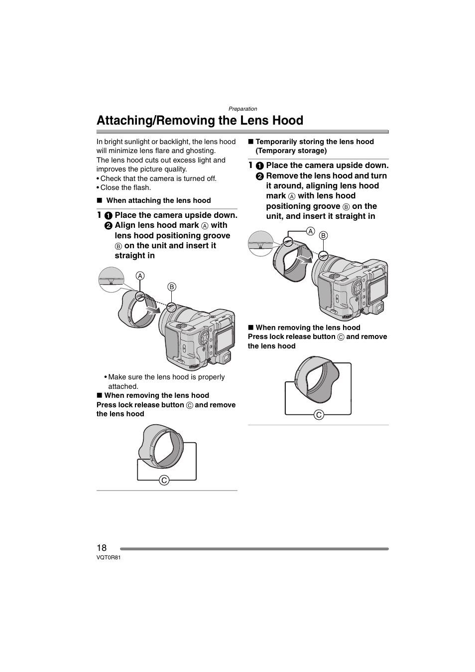Attaching/removing the lens hood | Panasonic DMC-FZ30PP User Manual | Page 18 / 148