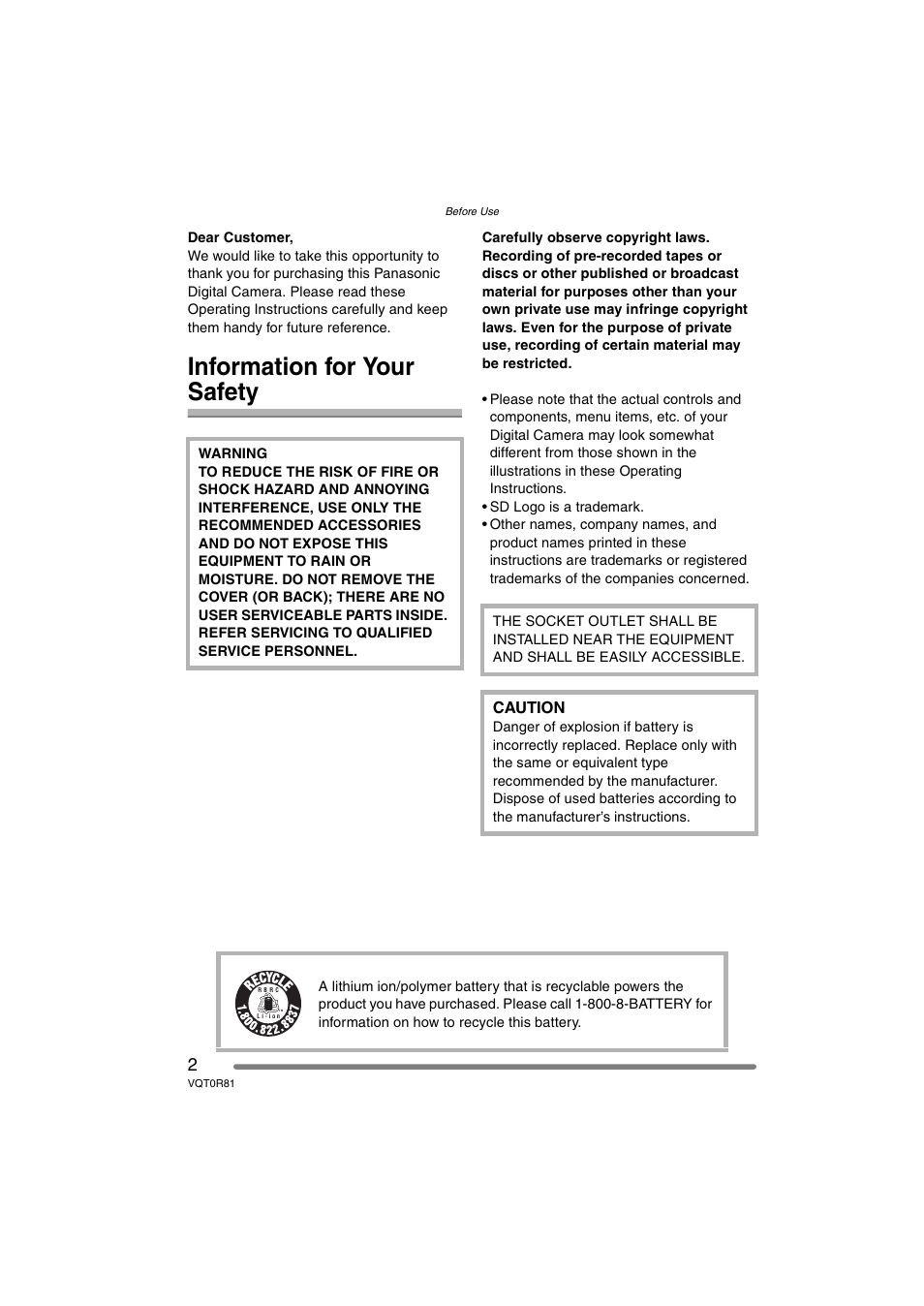 Before use, Information for your safety | Panasonic DMC-FZ30PP User Manual | Page 2 / 148