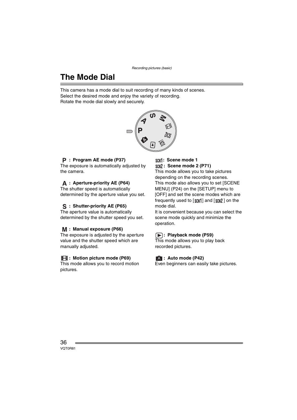 Recording pictures (basic), The mode dial, Pa s m | Panasonic DMC-FZ30PP User Manual | Page 36 / 148