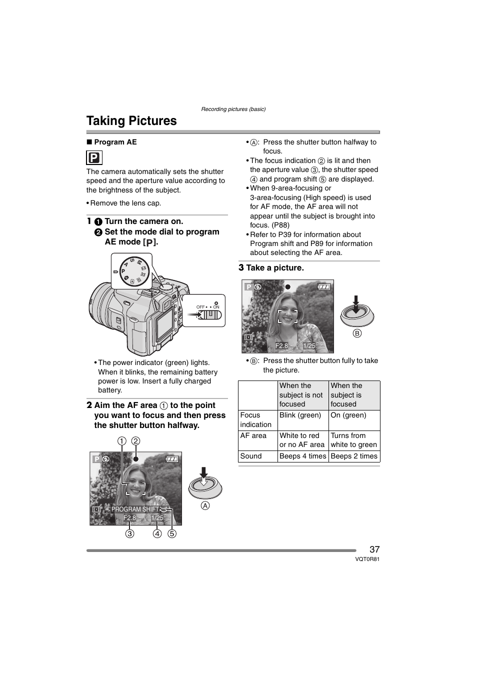 Taking pictures | Panasonic DMC-FZ30PP User Manual | Page 37 / 148