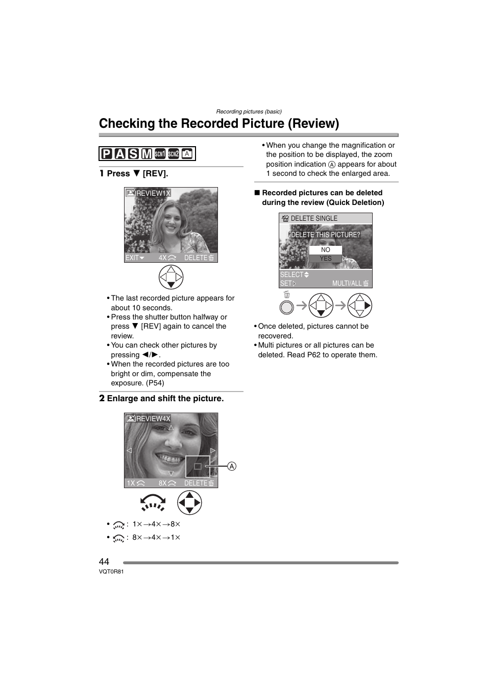 Checking the recorded picture (review) | Panasonic DMC-FZ30PP User Manual | Page 44 / 148