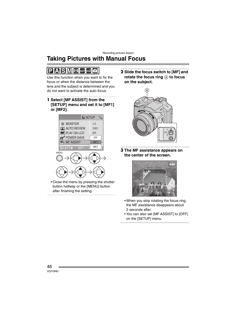 Taking pictures with manual focus | Panasonic DMC-FZ30PP User Manual | Page 46 / 148