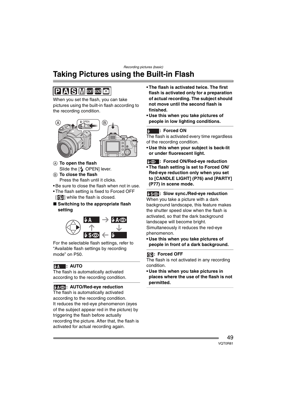 Taking pictures using the built-in-flash, Taking pictures using the built-in flash | Panasonic DMC-FZ30PP User Manual | Page 49 / 148