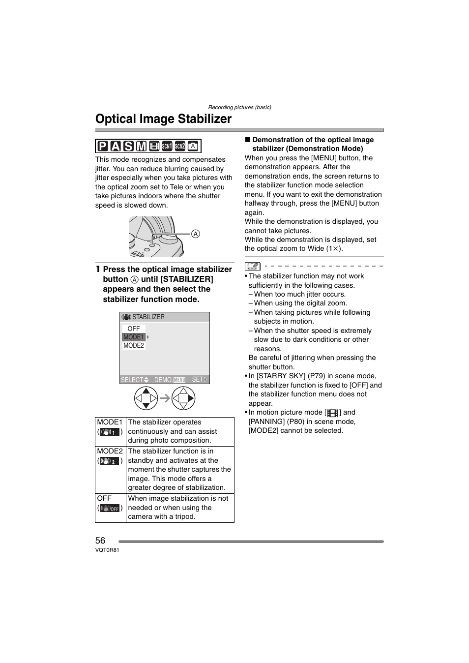 Optical image stabilizer | Panasonic DMC-FZ30PP User Manual | Page 56 / 148