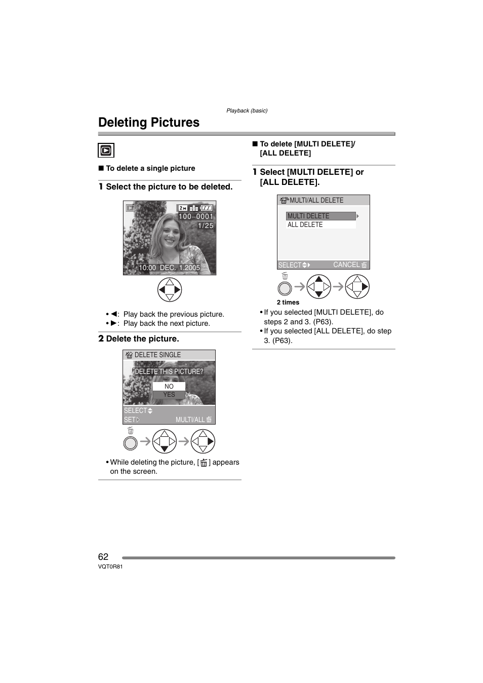 Deleting pictures | Panasonic DMC-FZ30PP User Manual | Page 62 / 148