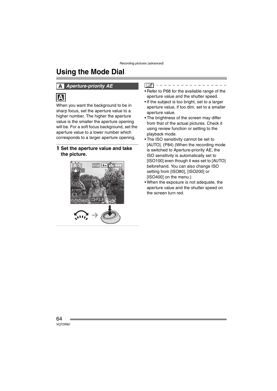 Recording pictures (advanced), Using the mode dial | Panasonic DMC-FZ30PP User Manual | Page 64 / 148