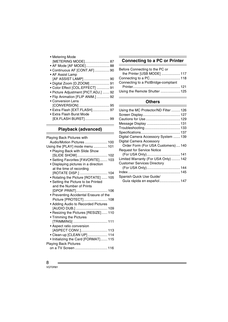 Playback (advanced), Connecting to a pc or printer, Others | Panasonic DMC-FZ30PP User Manual | Page 8 / 148