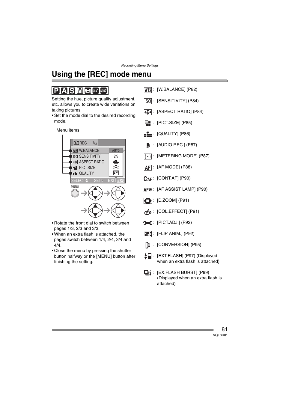 Recording menu settings, Recording the [rec] mode menu, Using the [rec] mode menu | Panasonic DMC-FZ30PP User Manual | Page 81 / 148