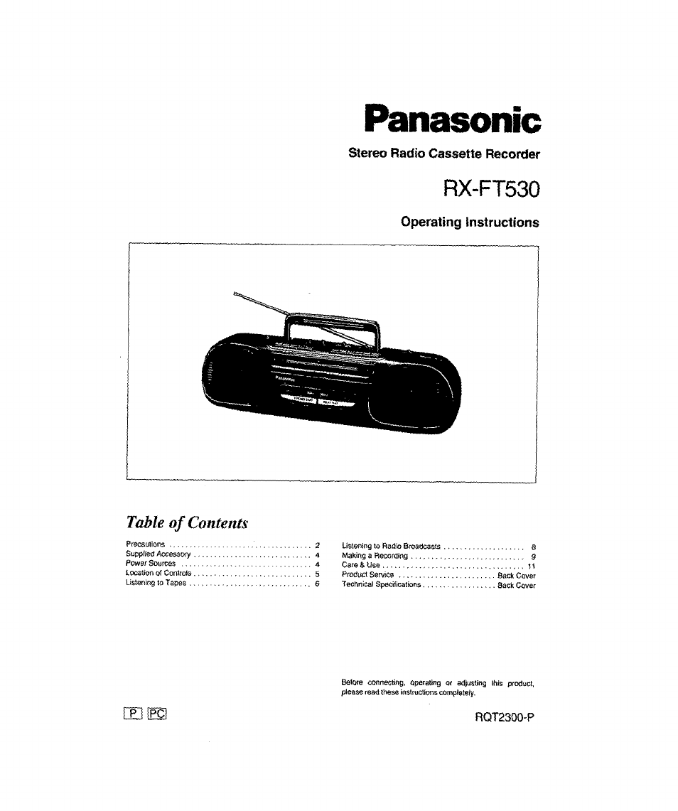 Panasonic STEREO RADIO CASSETTE RECORDER RX-FT530 User Manual | 12 pages