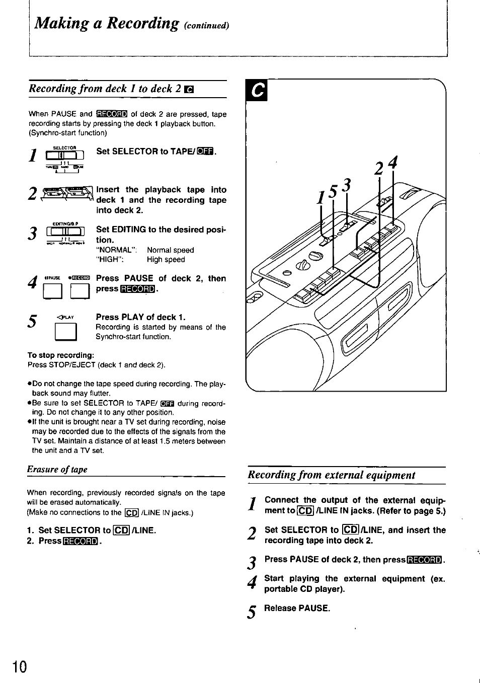 Making a recording (continued), Making a recording | Panasonic STEREO RADIO CASSETTE RECORDER RX-FT530 User Manual | Page 10 / 12