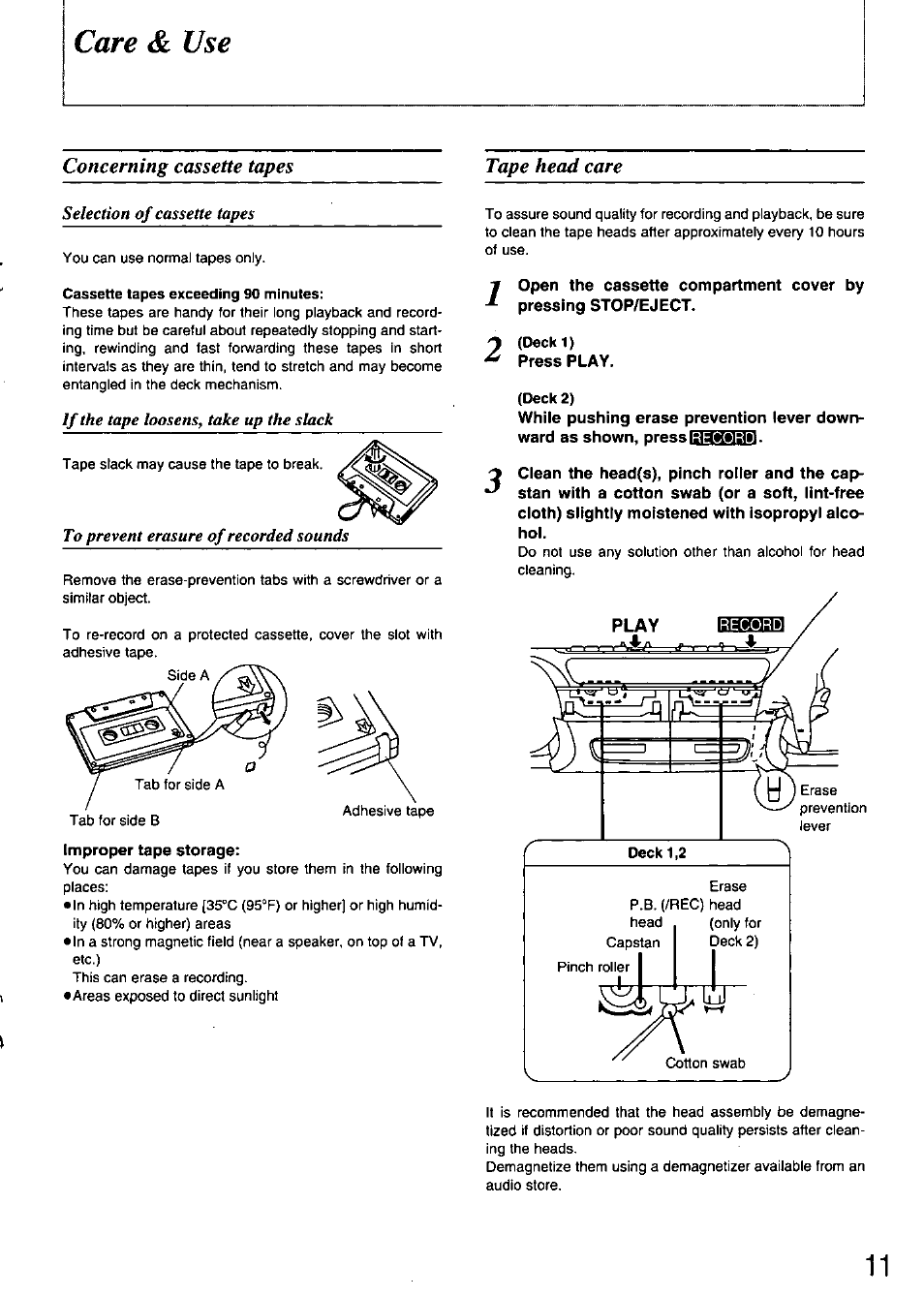 Care, Concerning cassette tapes tape head care | Panasonic STEREO RADIO CASSETTE RECORDER RX-FT530 User Manual | Page 11 / 12