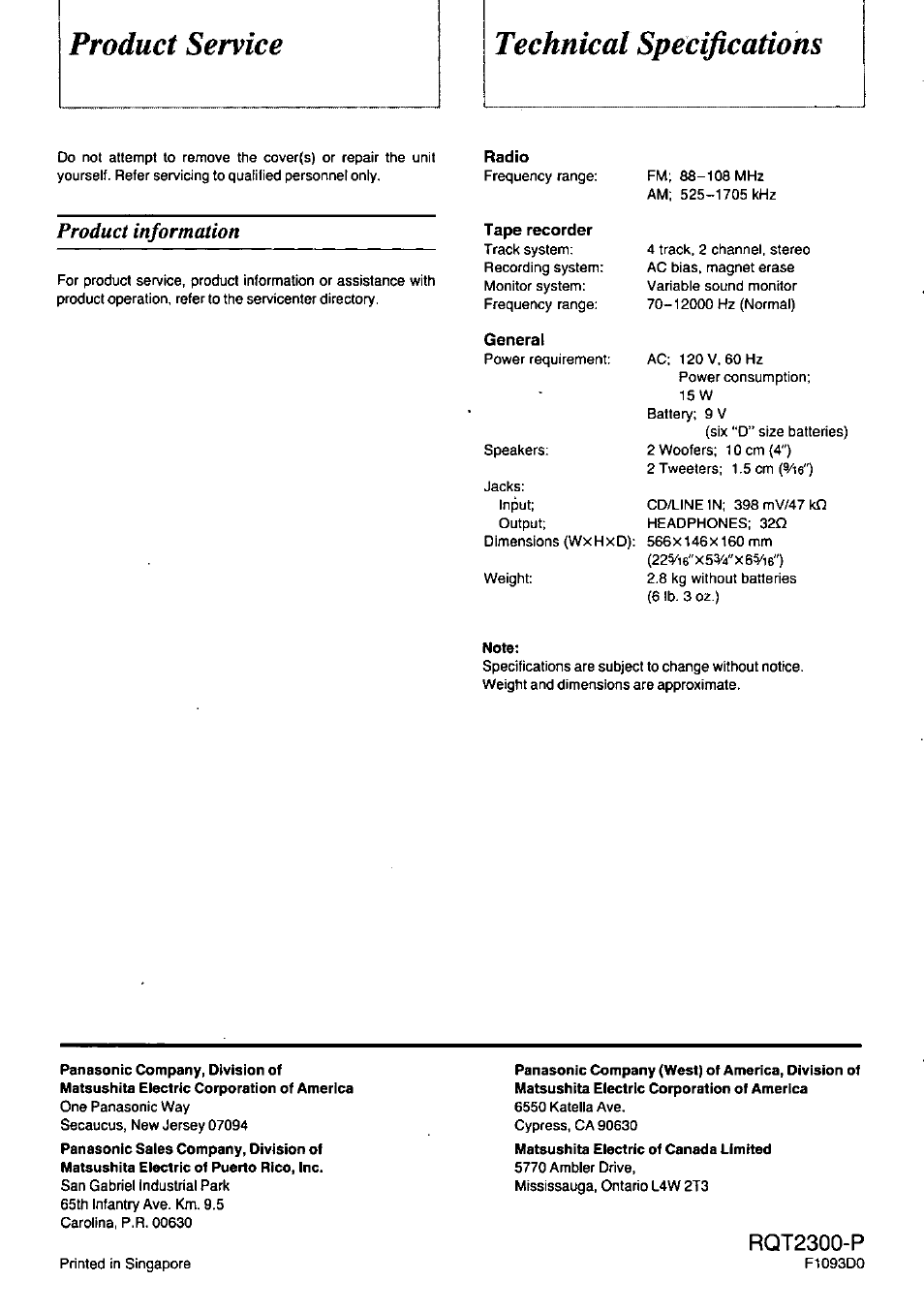 Technical specifications, Product service technical specifications, Product information | Panasonic STEREO RADIO CASSETTE RECORDER RX-FT530 User Manual | Page 12 / 12
