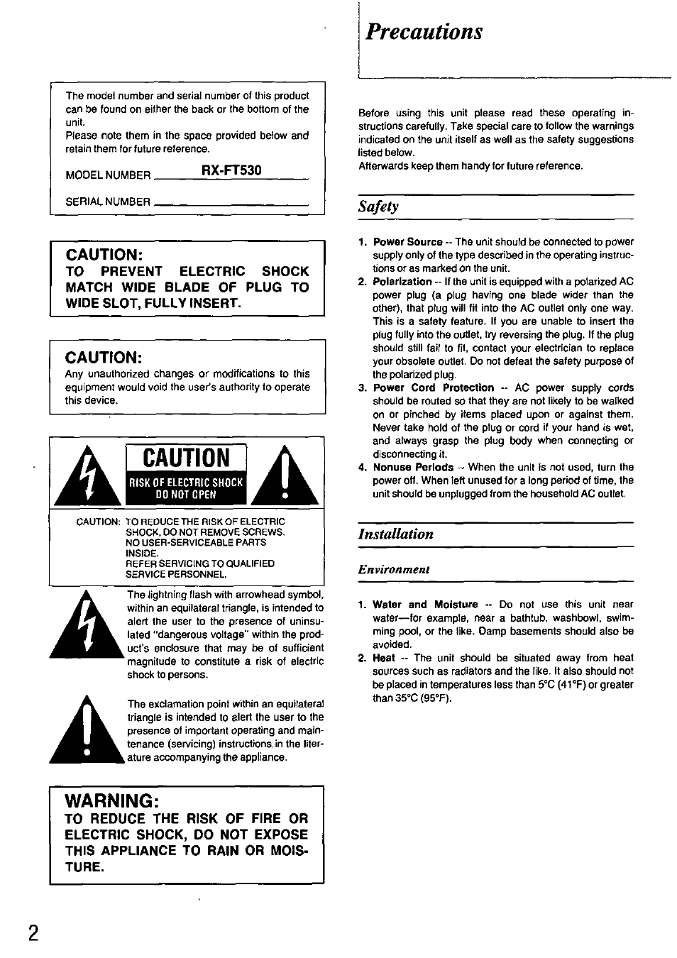 Caution, Precautions, Warning | Panasonic STEREO RADIO CASSETTE RECORDER RX-FT530 User Manual | Page 2 / 12