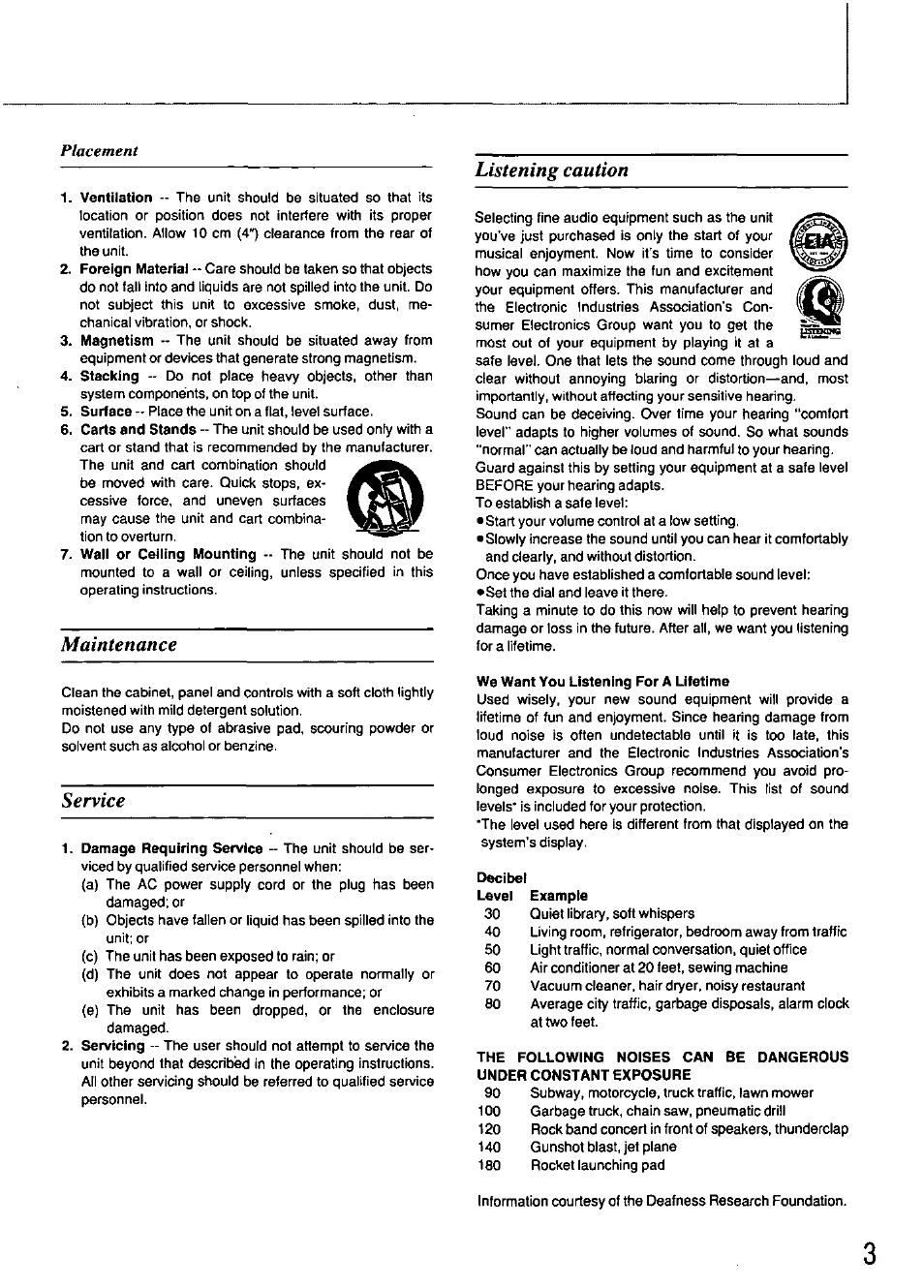 Maintenance, Listening caution service, Placement | Panasonic STEREO RADIO CASSETTE RECORDER RX-FT530 User Manual | Page 3 / 12