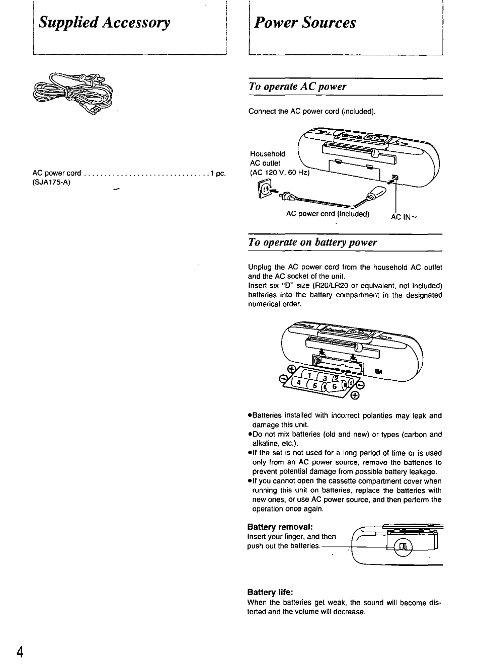 Supplied accessory power sources | Panasonic STEREO RADIO CASSETTE RECORDER RX-FT530 User Manual | Page 4 / 12