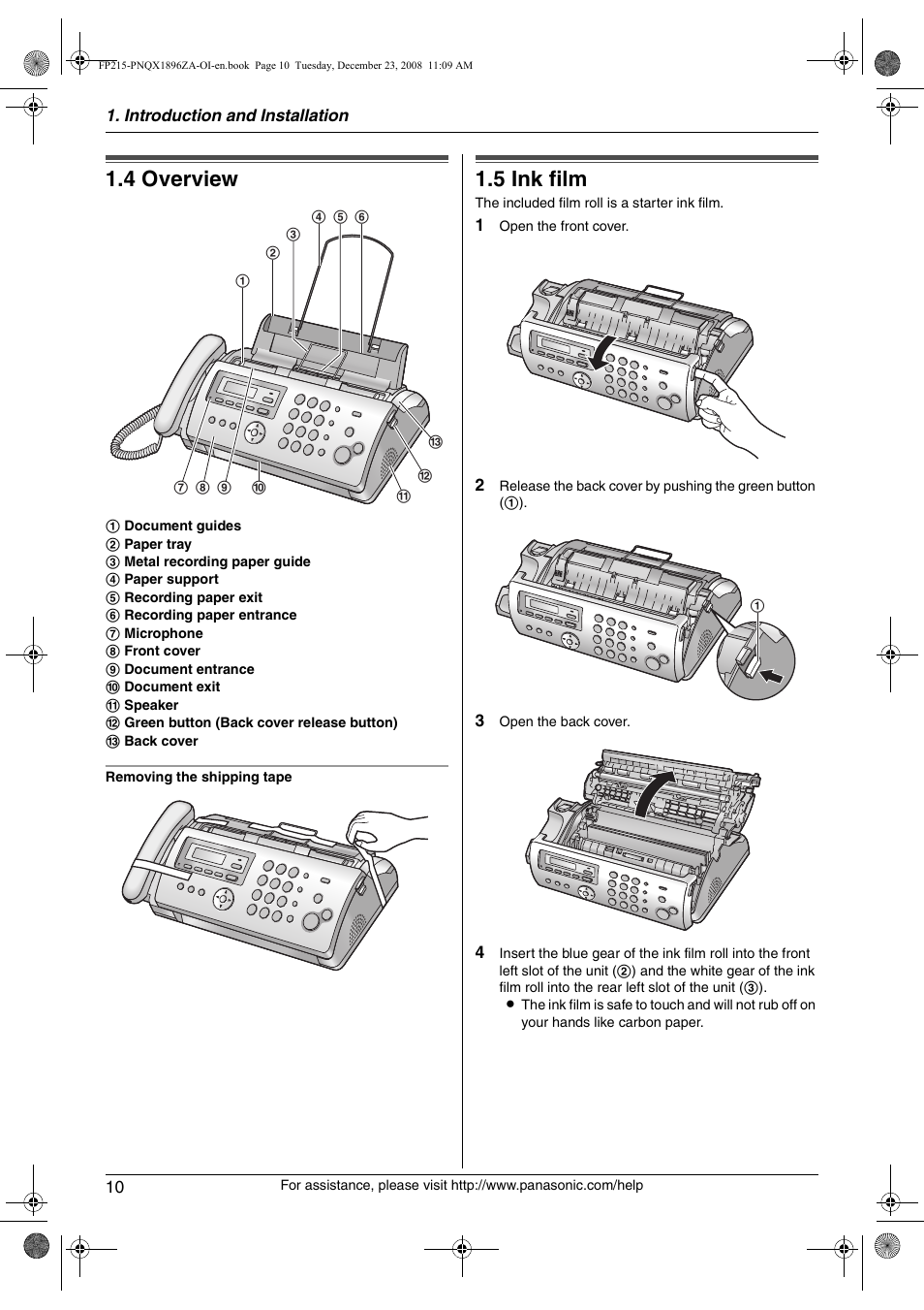 4 overview, Installation, 5 ink film | Overview, Ink film, 4 overview, 5 ink film | Panasonic KX-FP215 User Manual | Page 10 / 60