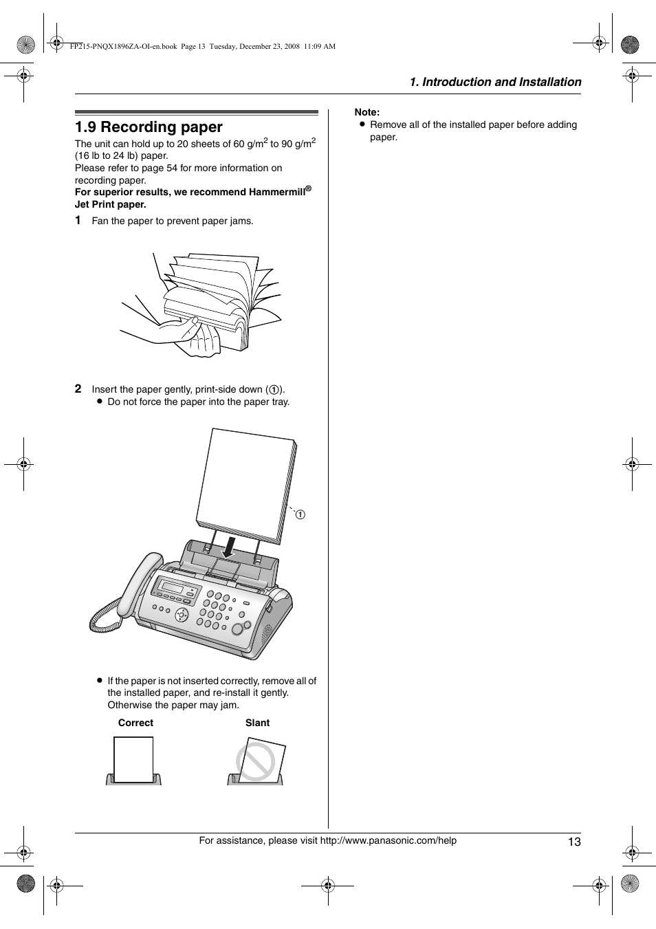 9 recording paper, Recording paper, 9 recording paper | Panasonic KX-FP215 User Manual | Page 13 / 60