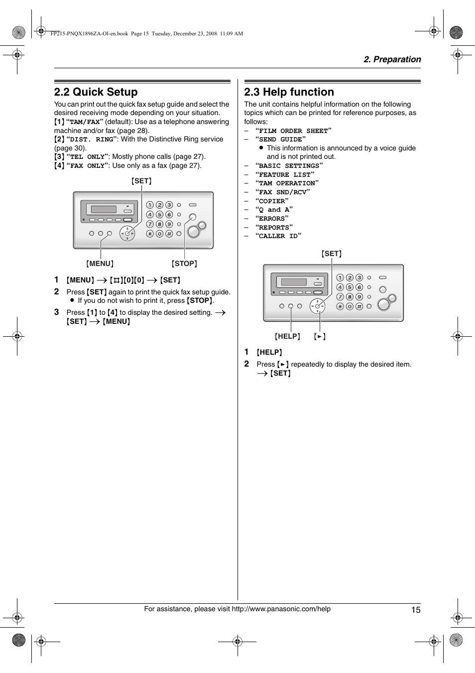 2 quick setup, Help button, 3 help function | Quick setup, Help function, 2 quick setup, 3 help function | Panasonic KX-FP215 User Manual | Page 15 / 60