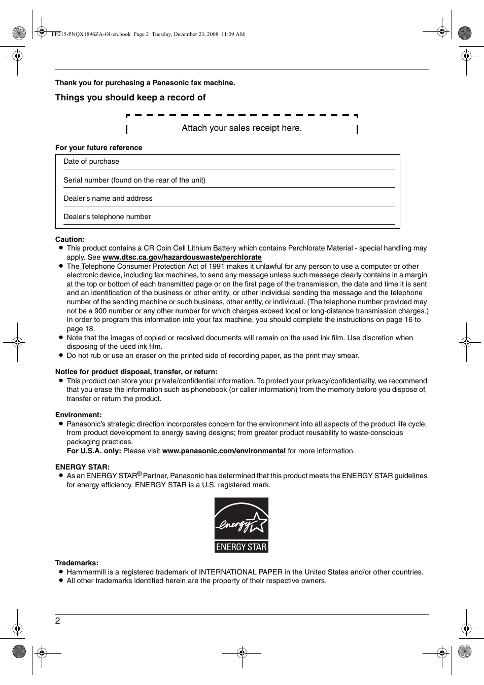 Panasonic KX-FP215 User Manual | Page 2 / 60