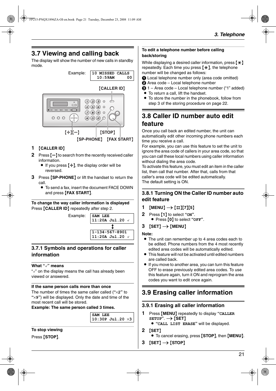 7 viewing and calling back, 8 caller id number auto edit feature, 9 erasing caller information | Viewing and calling back, Caller id number auto edit feature, Erasing caller information, 7 viewing and calling back, 8 caller id number auto edit feature, 9 erasing caller information | Panasonic KX-FP215 User Manual | Page 21 / 60