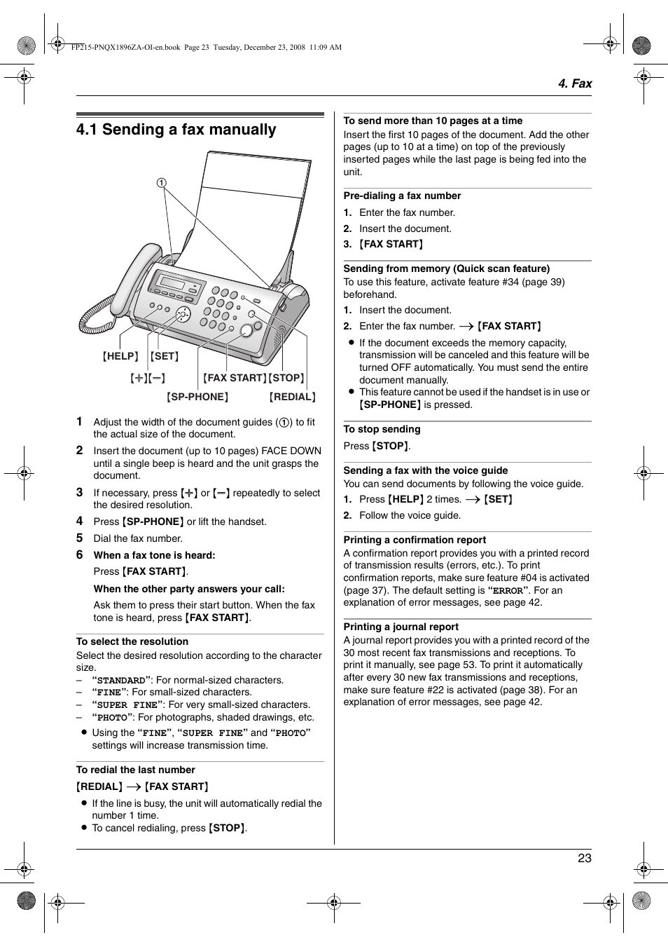 Sending faxes, 1 sending a fax manually, Sending a fax manually | 1 sending a fax manually | Panasonic KX-FP215 User Manual | Page 23 / 60
