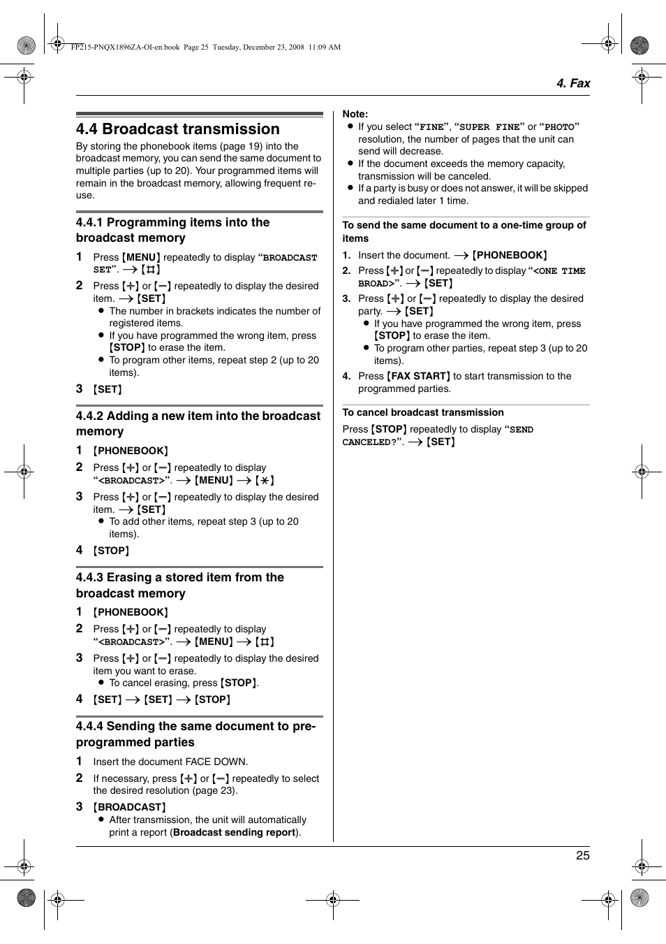 4 broadcast transmission, Broadcast transmission, 4 broadcast transmission | Panasonic KX-FP215 User Manual | Page 25 / 60