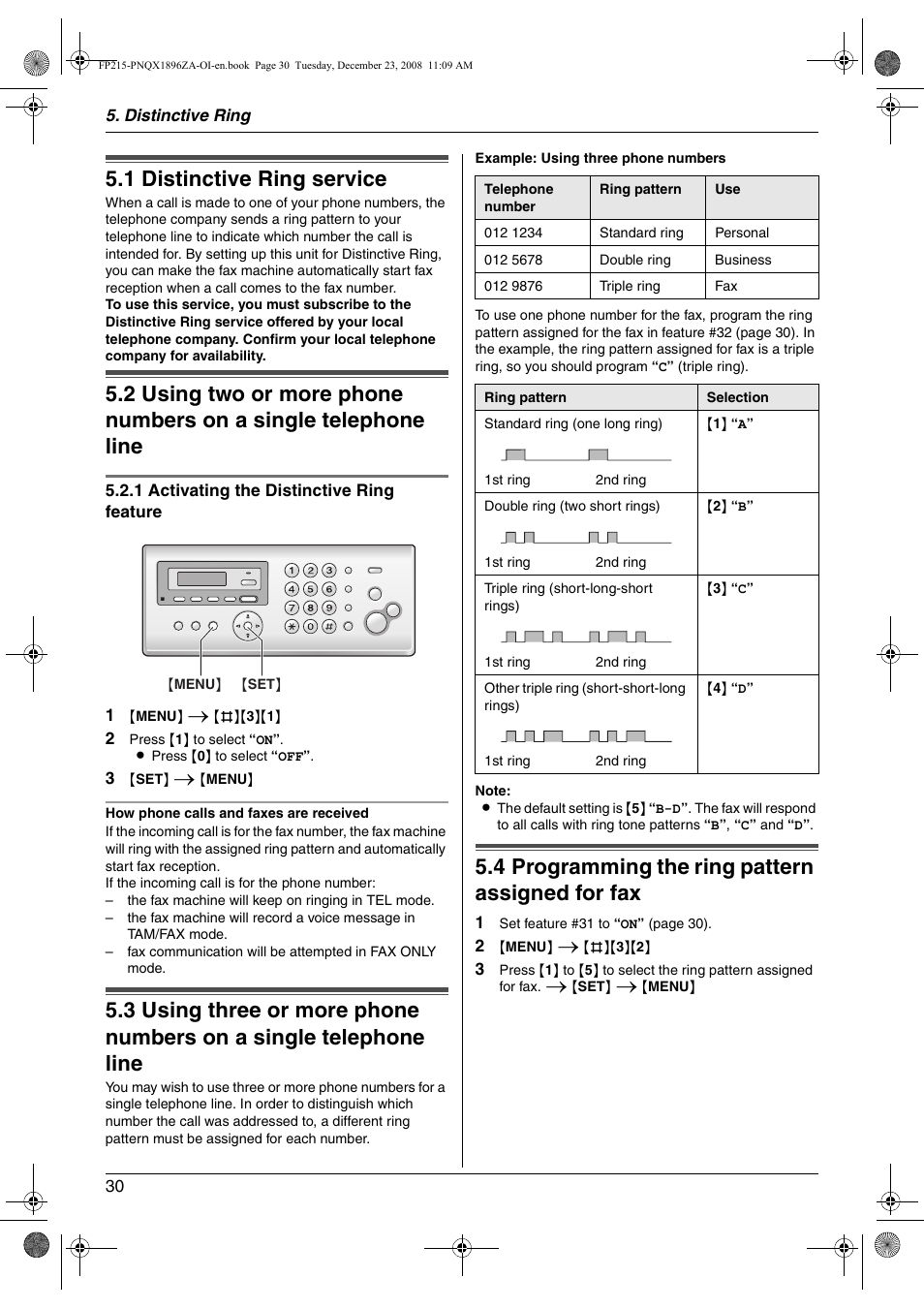 Distinctive ring, 1 distinctive ring service, 4 programming the ring pattern assigned for fax | Distinctive ring service, Programming the ring pattern assigned for fax, 1 distinctive ring service, 4 programming the ring pattern assigned for fax | Panasonic KX-FP215 User Manual | Page 30 / 60