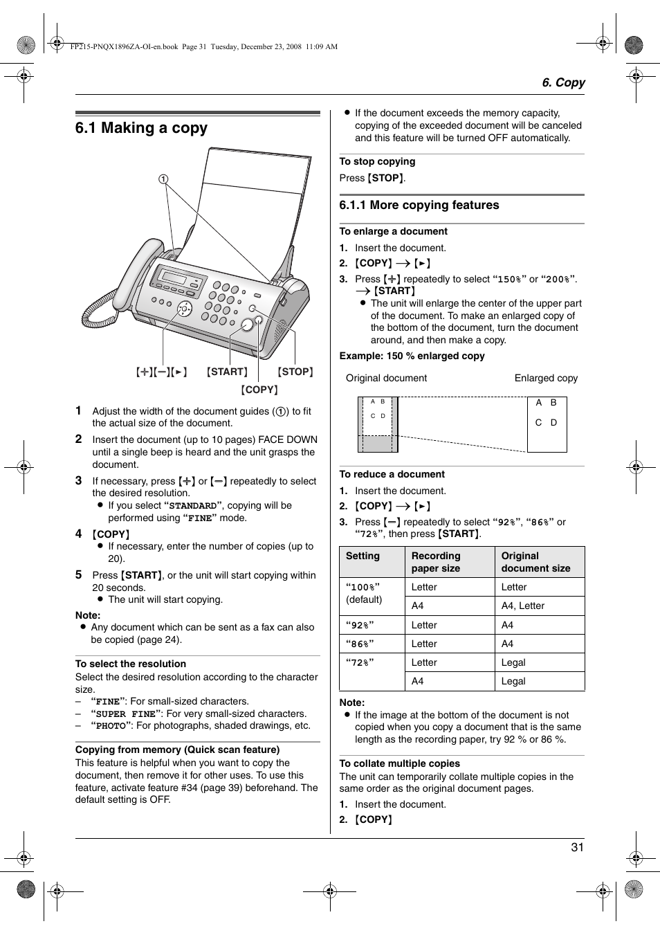 Copy, Copying, 1 making a copy | Making a copy, 1 making a copy | Panasonic KX-FP215 User Manual | Page 31 / 60