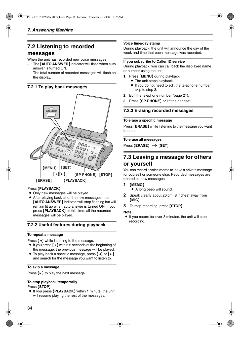 Incoming messages, 2 listening to recorded messages, Memo message | 3 leaving a message for others or yourself, Listening to recorded messages, Leaving a message for others or yourself, 2 listening to recorded messages, 3 leaving a message for others or yourself | Panasonic KX-FP215 User Manual | Page 34 / 60