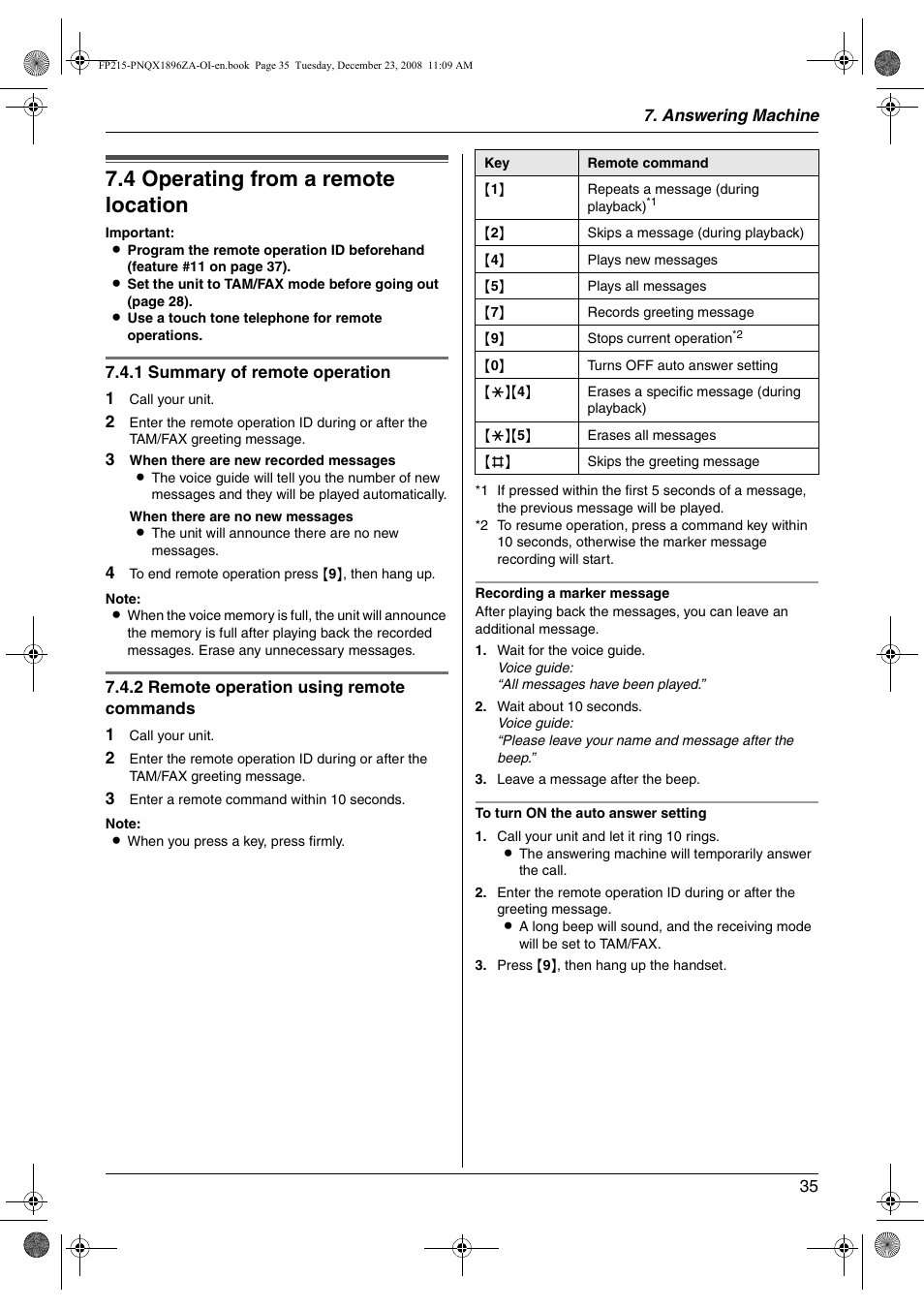 Remote operation, 4 operating from a remote location, Operating from a remote location | 4 operating from a remote location | Panasonic KX-FP215 User Manual | Page 35 / 60