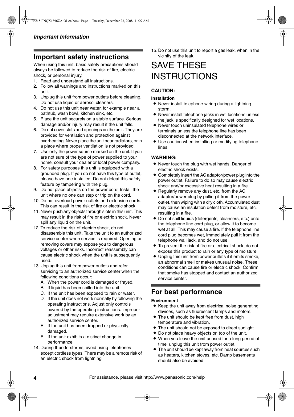 Important information, Safety instructions, Important safety instructions | For best performance, Save these instructions | Panasonic KX-FP215 User Manual | Page 4 / 60