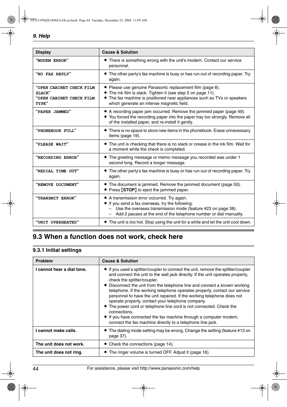 Troubleshooting, 3 when a function does not work, check here, When a function does not work, check here | 3 when a function does not work, check here | Panasonic KX-FP215 User Manual | Page 44 / 60