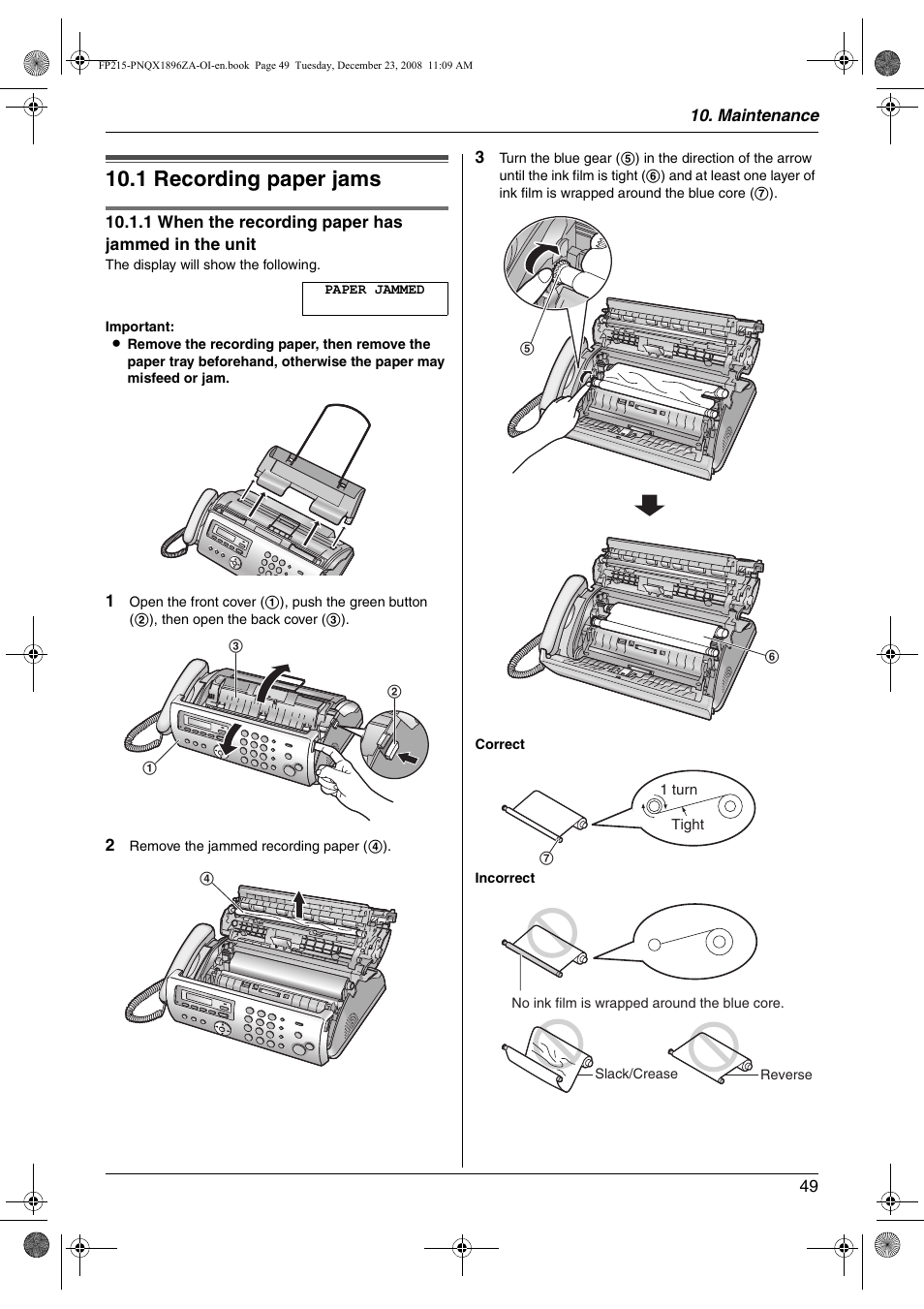 Maintenance, Jams, 1 recording paper jams | Recording paper jams, 1 recording paper jams | Panasonic KX-FP215 User Manual | Page 49 / 60