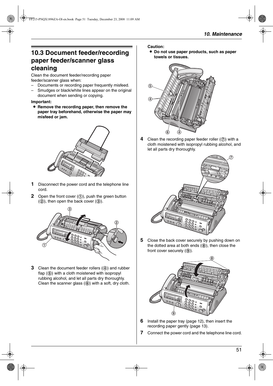 Cleaning, Document feeder/recording paper feeder, Scanner glass cleaning | Panasonic KX-FP215 User Manual | Page 51 / 60