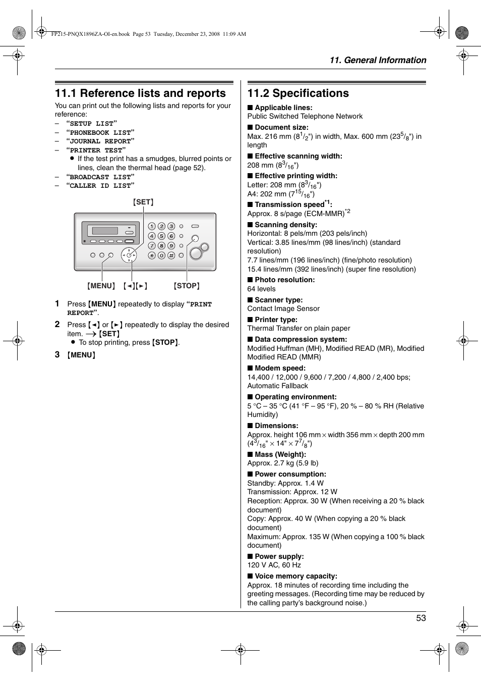 General information, Printed reports, 1 reference lists and reports | Specifications, 2 specifications, Reference lists and reports, 1 reference lists and reports, 2 specifications, General information 53 | Panasonic KX-FP215 User Manual | Page 53 / 60