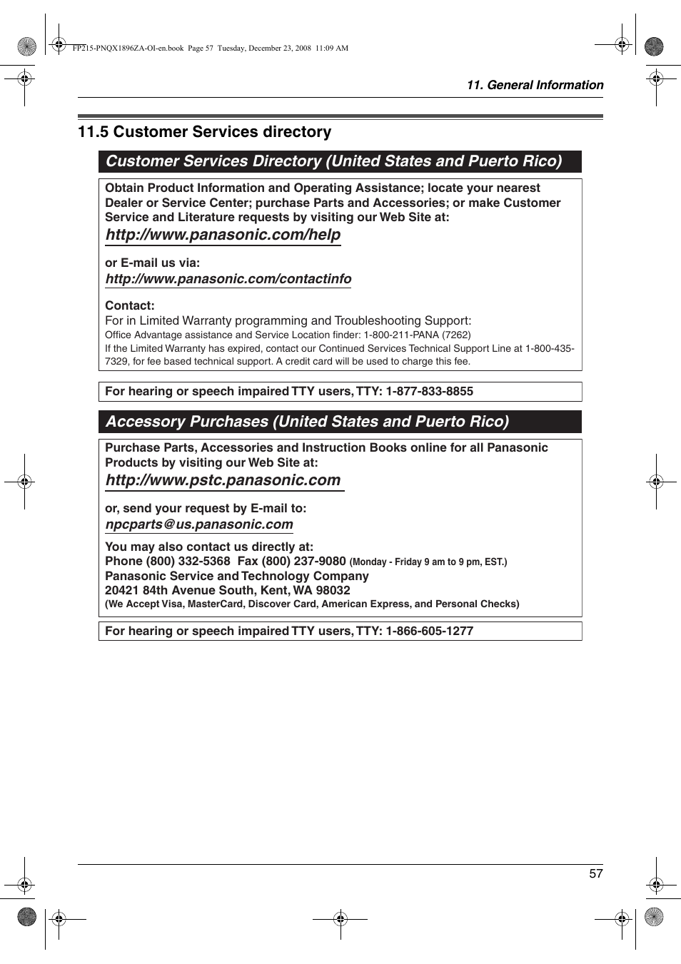 Customer services, 5 customer services directory, Customer services directory | 5 customer services directory | Panasonic KX-FP215 User Manual | Page 57 / 60