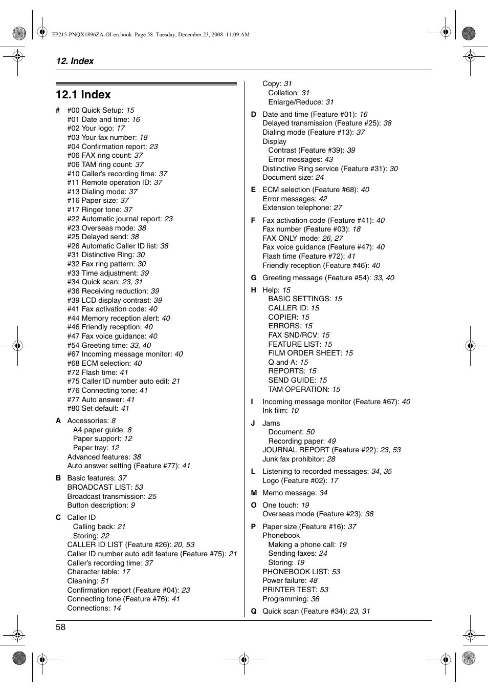 Index, 1 index | Panasonic KX-FP215 User Manual | Page 58 / 60