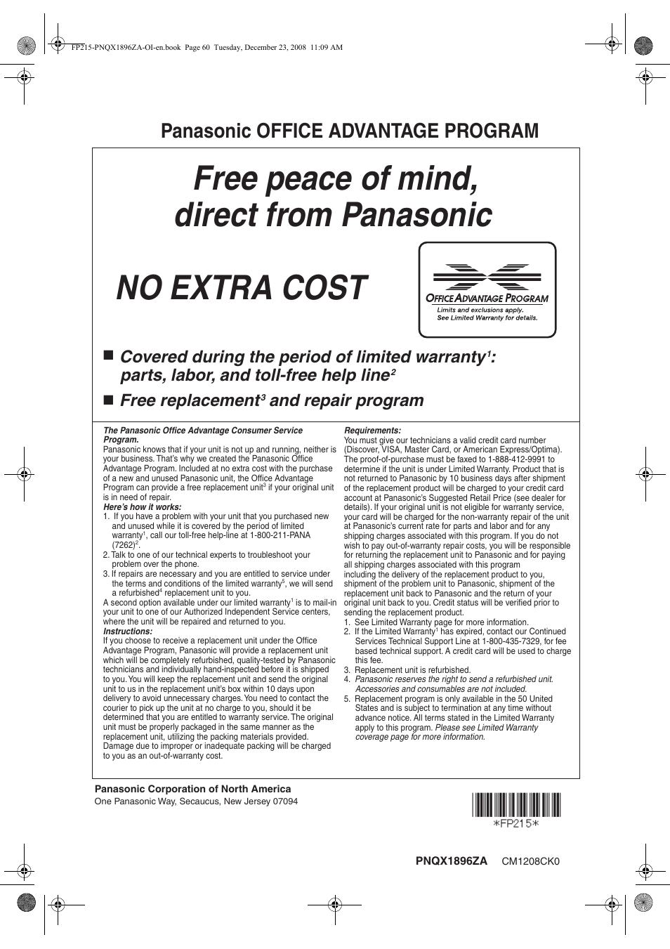 Panasonic office advantage program, Covered during the period of limited warranty, Parts, labor, and toll-free help line | Free replacement, And repair program | Panasonic KX-FP215 User Manual | Page 60 / 60