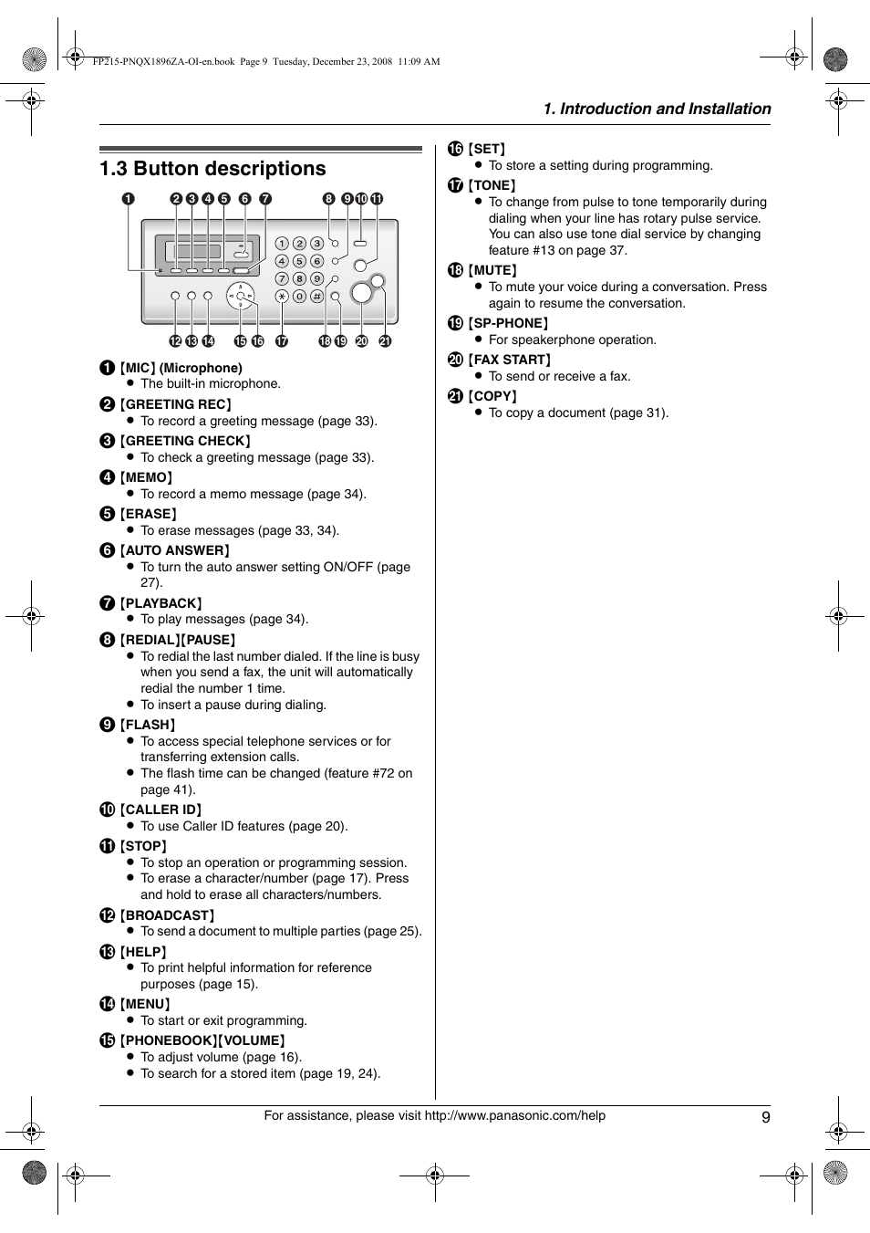 Finding the controls, 3 button descriptions, Button descriptions | 3 button descriptions | Panasonic KX-FP215 User Manual | Page 9 / 60