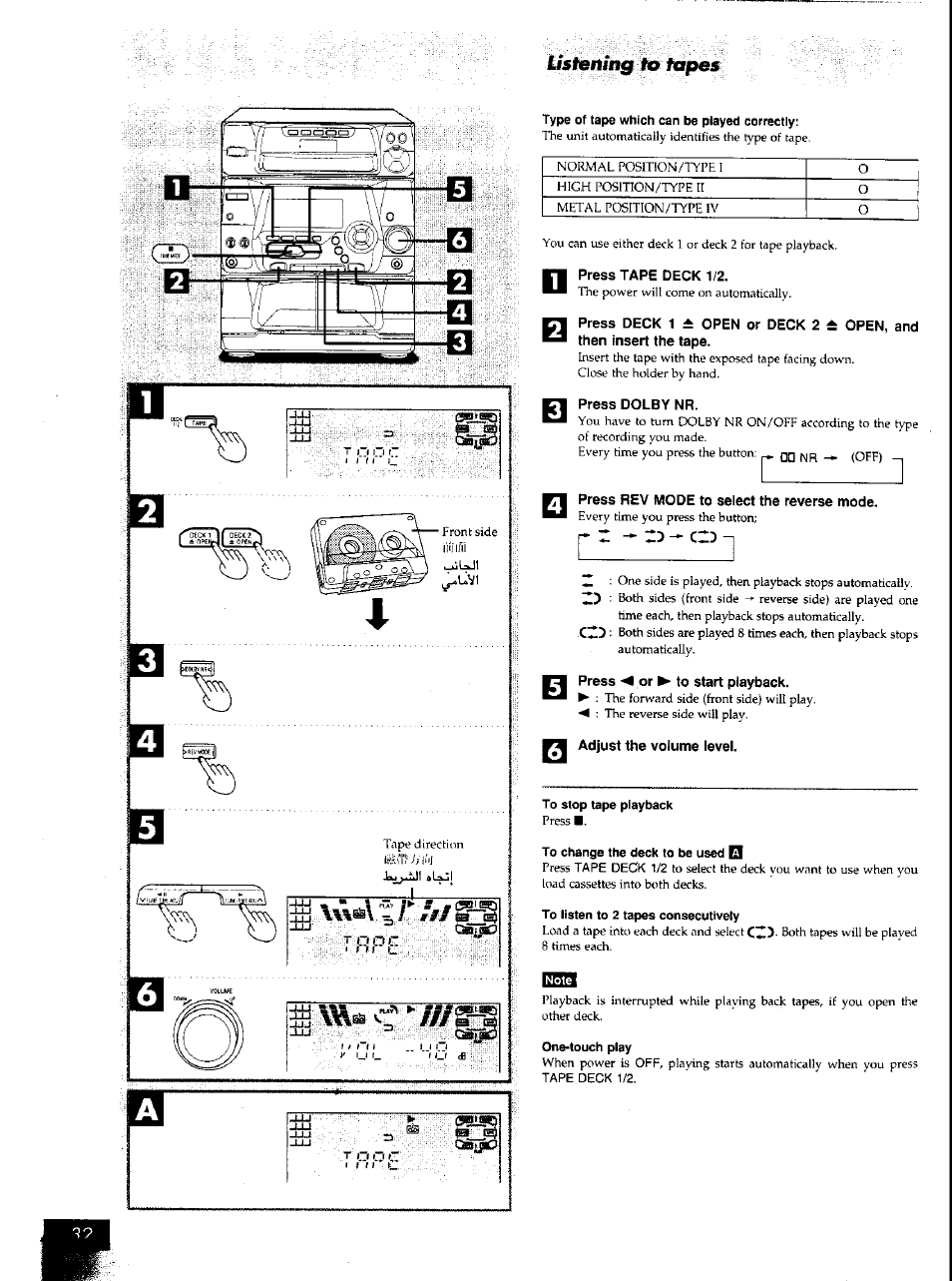 Press dolby nr, Press rev mode to select the reverse mode, Press or ^ to start playback | Adjust the volume level, Listening to tapes | Panasonic SCAK50 User Manual | Page 17 / 38