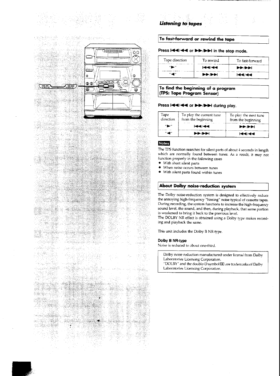 To fast-forward or rewind the tape, Press \«i-« or ►►/►►i in the stop mode, Press or ►►/►►! during play | About dolby noise-reduction system, Dolby b nr-type | Panasonic SCAK50 User Manual | Page 18 / 38