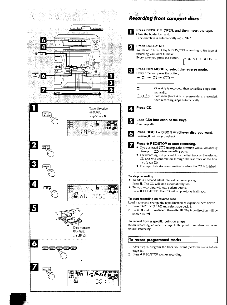 Press deck 2 ± open, and then insert the tape, Press dolby nr, Press rev mode to select the reverse mode | Press cd, Load cds into each of the trays, Press disc 1 - disc 5 whichever disc you want, Press • rec/stop to start recording, Itecoixff ng from comfmcf, Iiscs | Panasonic SCAK50 User Manual | Page 21 / 38