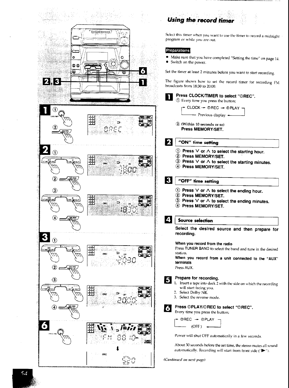 On" time setting, Press v or a to select the starting hour, Off" time setting | D press v or a to select the ending hour, Source selection, Prepare for recording | Panasonic SCAK50 User Manual | Page 28 / 38